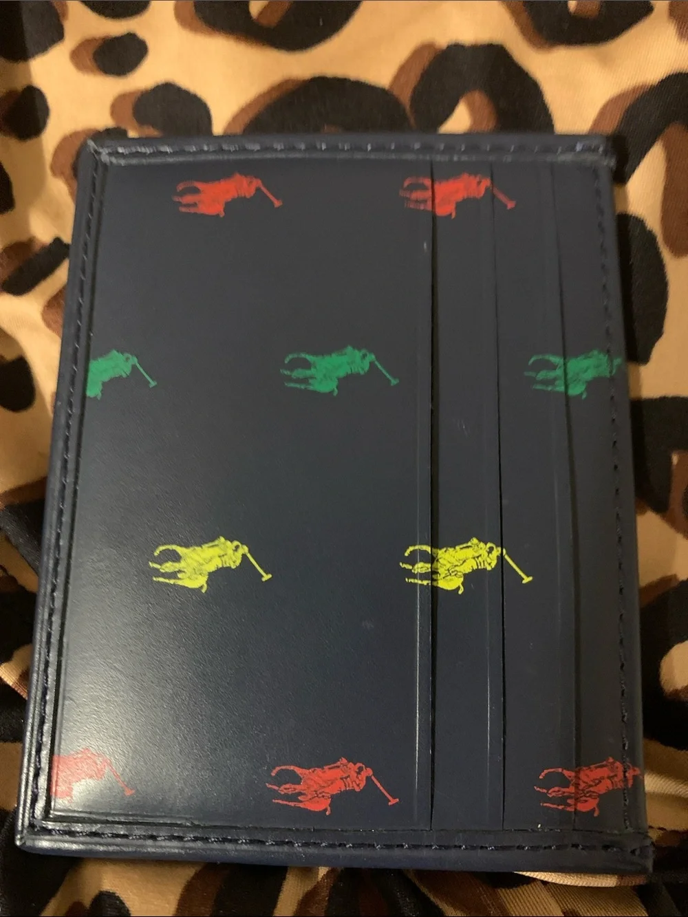 Ralph Lauren Navy Leather Card Holder with Multicolor Pony Motif